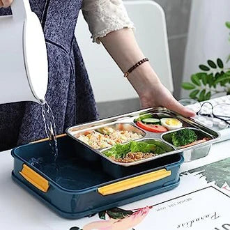 Stainless Steel Lunch Box 4 Compartments, Adult Food Storage Containers Airtight Sealed Lids with Large Capacity. Pack of 1. (4 Compartment Lunch Box with Handle. (1250ml)