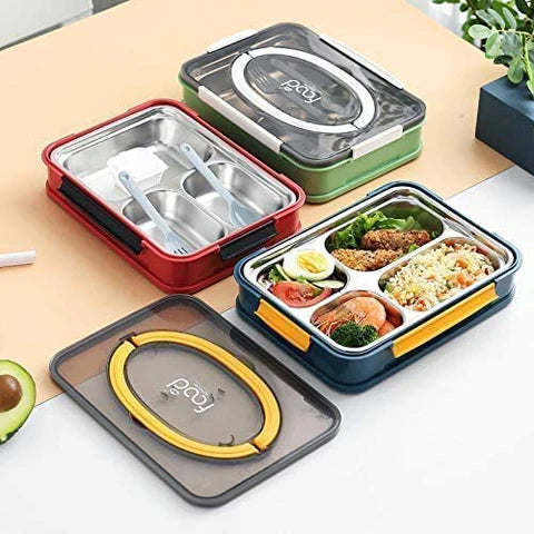 Stainless Steel Lunch Box 4 Compartments, Adult Food Storage Containers Airtight Sealed Lids with Large Capacity. Pack of 1. (4 Compartment Lunch Box with Handle. (1250ml)